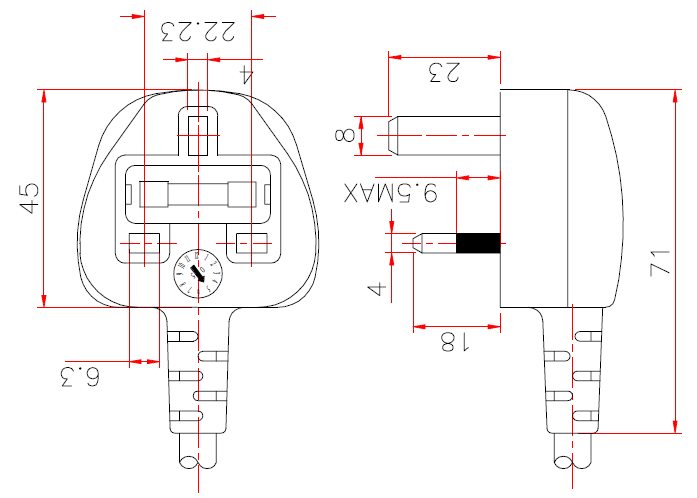 Hong Kong 3-Pin Wire Grounding, Non-Rewirable Angle Type Fused AC Plug